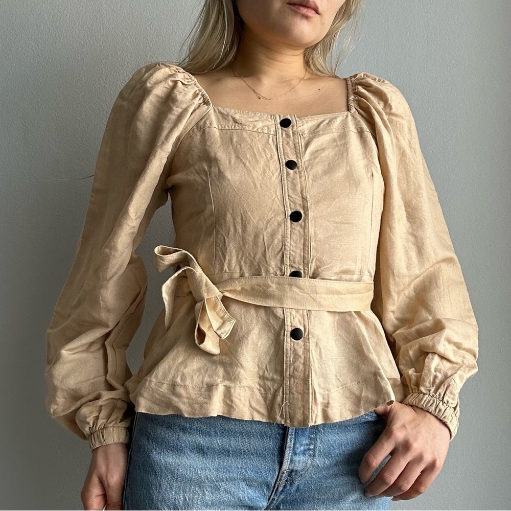 NWOT OYSHO Linen Tie Waist Long Balloon Sleeves Button Down Peplum Top in Tan
